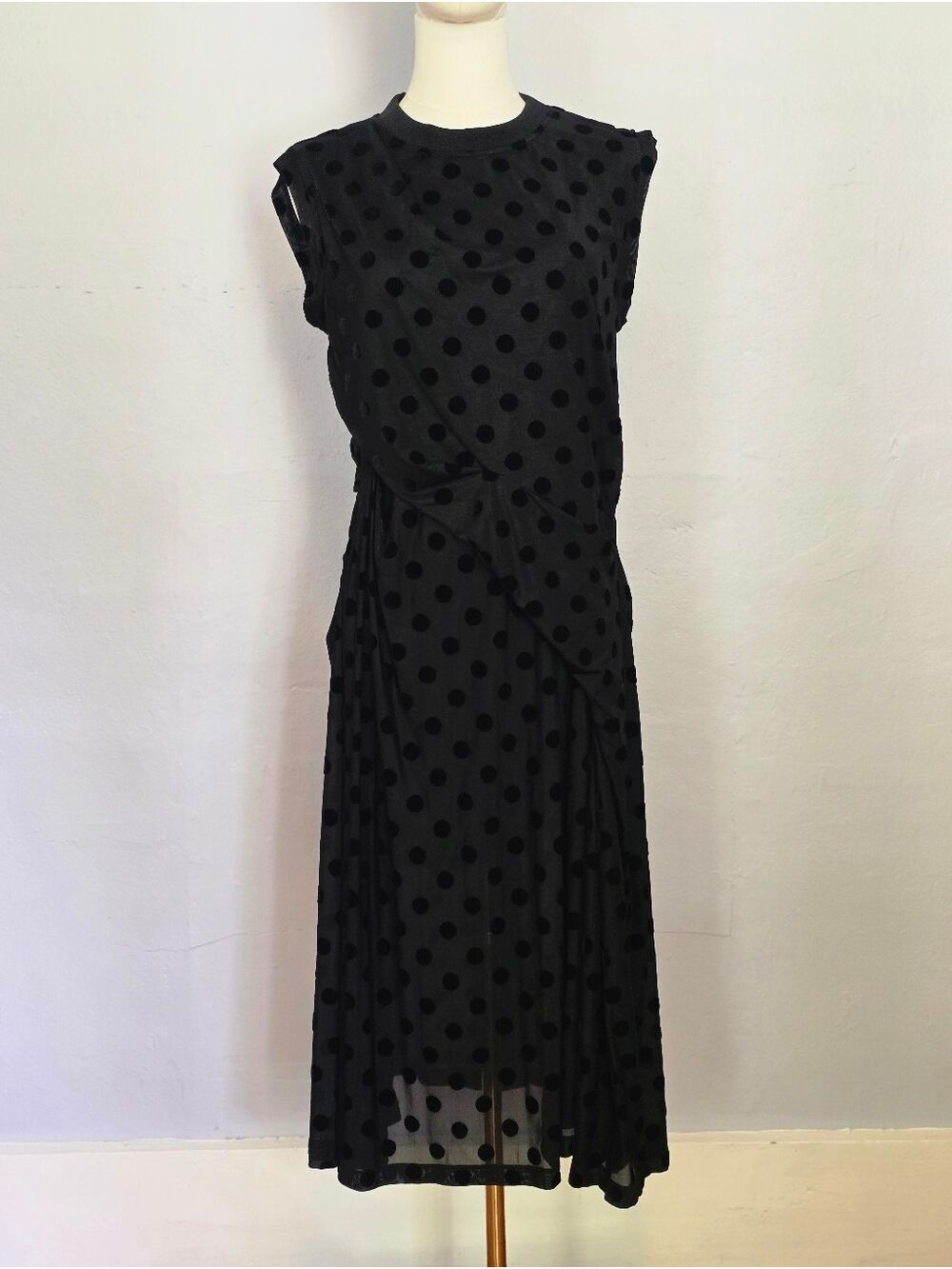 NEW HACHE Black Ruched Sleeveless Polka Dot Dress Size 44
